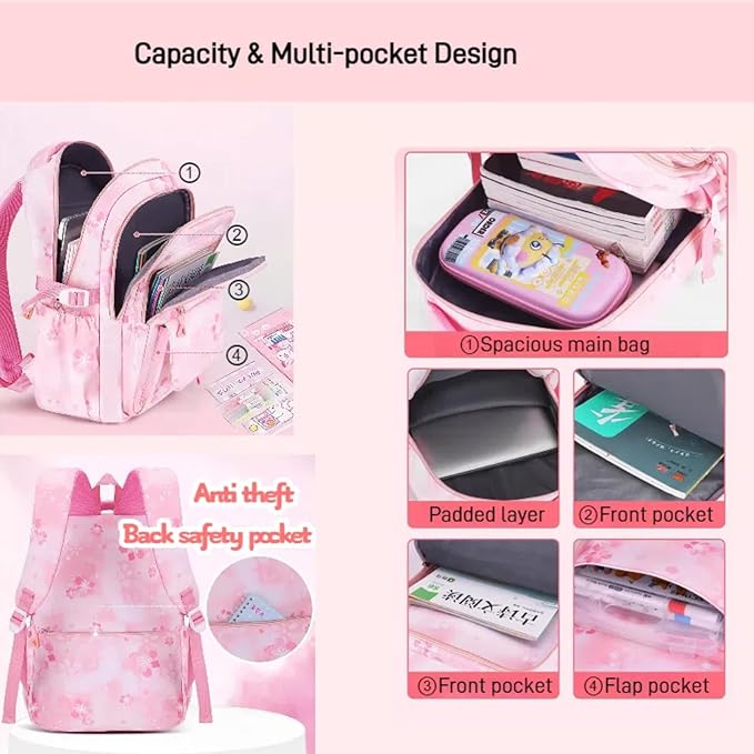 3Pcs Set Backpacks for Girls Teen, Cute Flowers School Bag Girls Bookbags with Lunch Box Pencil Bag, Multi-Pockets Kids Backpack for Elementary & Middle School, Light Blue