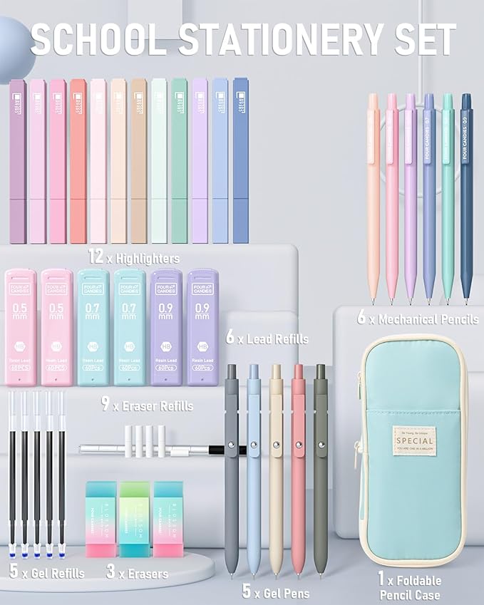 Four Candies 39 PCS Aesthetic School Supplies with Cute Pen Case, 12 Pastel Highlighters, 5 Black Ink Gel Pens, 6 Mechanical Pencils Set for Students Stationary College Essentials (Blue)