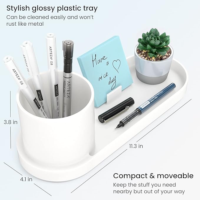 Arteza Office Desk Organizer, 11.3 x 4.1 x 3.8 inches, Modern Ivory Pen Holder with Phone Compartment, Desk Accessory for Stationery and Art Supplies