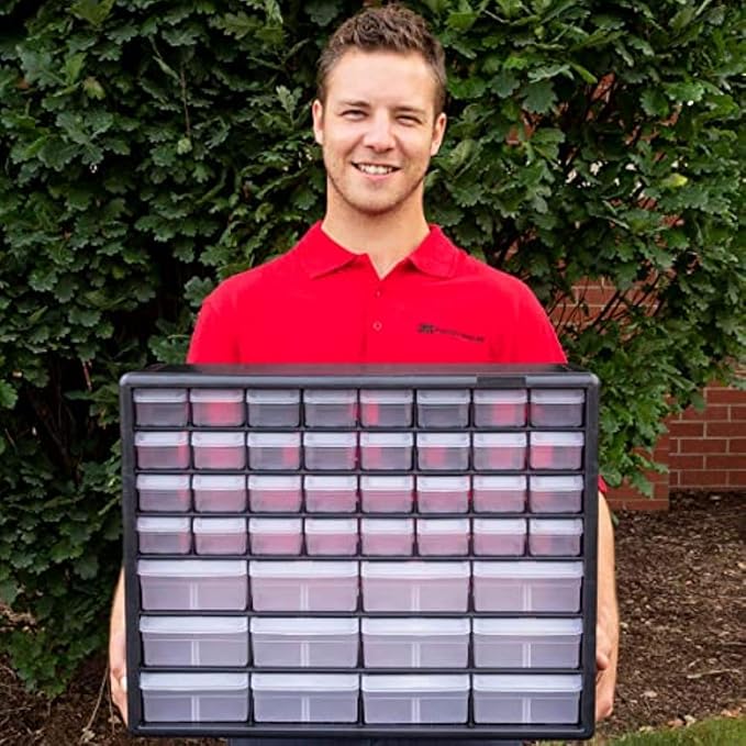 Akro-Mils 44-Drawer Plastic Drawer Storage Cabinet for Garage Organization, Bead Organizer, Building Bricks Storage, Teacher Toolbox, Makeup Organizer, 20" W x 6" D x 16" H, 10144 Black