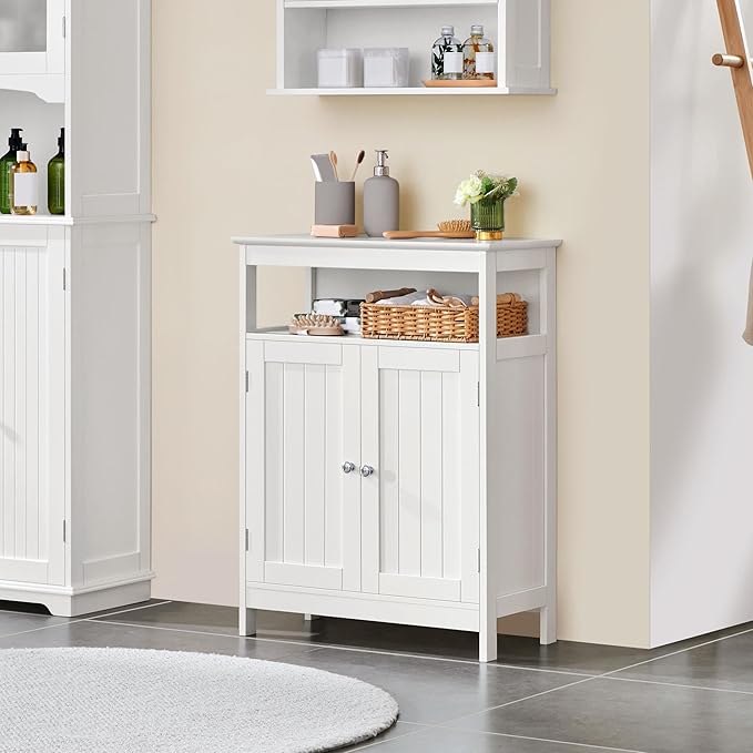 Yaheetech Bathroom Floor Storage Cabinet, Wooden Free Standing Storage Organizer with 2 Doors & Adjustable Shelves, for Living Room Hallway, White