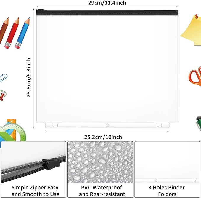 40 Pieces Binder Pockets 3 Hole Zipper Pouch 3 Ring A4 Pockets with Zipper Binder Folders Plastic Pouches Loose Leaf Bags Waterproof PVC Document Filing Bag(Black)