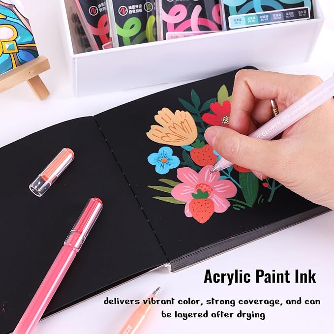 Acrylic Painting Gel Pens 54 Colors with 1mm Bullet Tip, Color Gel Pens for Adult Drawing, Coloring, Sketching, Journaling, DIY, Acrylic Ink Pen for Black Paper, Rock, Glass, School and Art Supplies