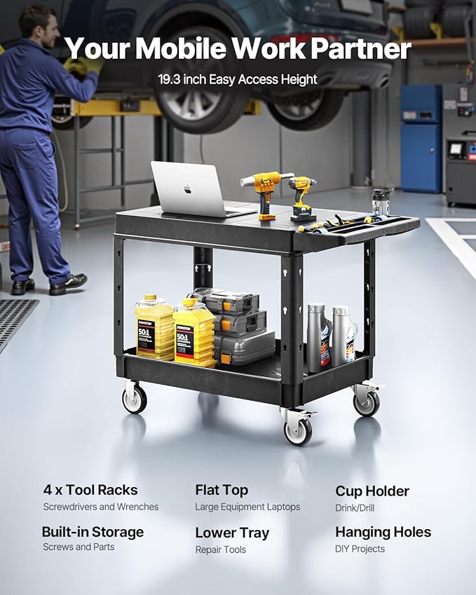 VEVOR Utility Cart, 550 lbs Load Capacity, 37 x 25.4-inch Service Cart, Two-Shelf Heavy Duty Plastic Utility Cart with 360° Swivel Wheels (2 with Brakes), Suitable for Warehouse, Garage, Cleaning