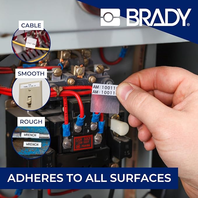Brady Authentic (M4-90-427) Self-Laminating Vinyl Wrap Around Labels 1.5" H x 0.75" W Black on White, Clear, 180 Labels. for use with The BMP41, BMP51, and M511 Label Printers