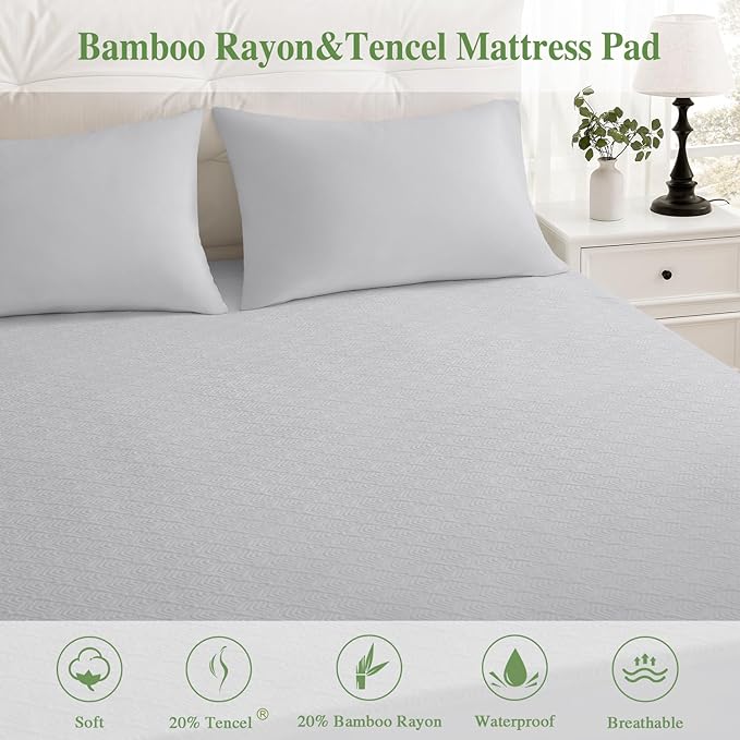 California King Mattress Protector, Waterproof Mattress Pad Washable Rayon Mattress Cover Breathable Noiseless Bed Protector 3D Patterns 5" - 21'' Elastic Fitted Deep Pocket(Light Grey)