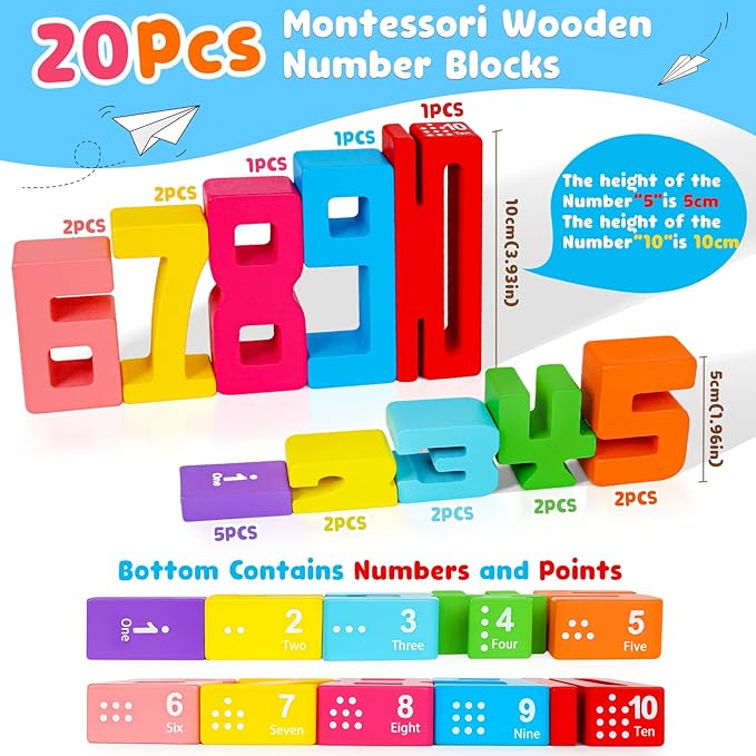 Montessori Wooden Number Building Blocks Toys for Toddlers Kids Stacking Number Blocks 1-10 Preschool Math Learning Educational Toys for 3 4 5 Year Old Boys Girls Gifts 3-5 Balance Competition Game