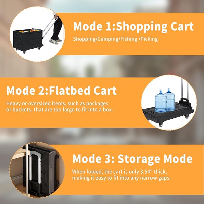 VECELO Foldable Shopping Cart with Wheels, Collapsible Rolling Crate for Groceries, Folding Storage Box with Handle, Three Modes of Use, Ideal for Teacher, Trip, Outdoors, Etc., 16GAL, Black