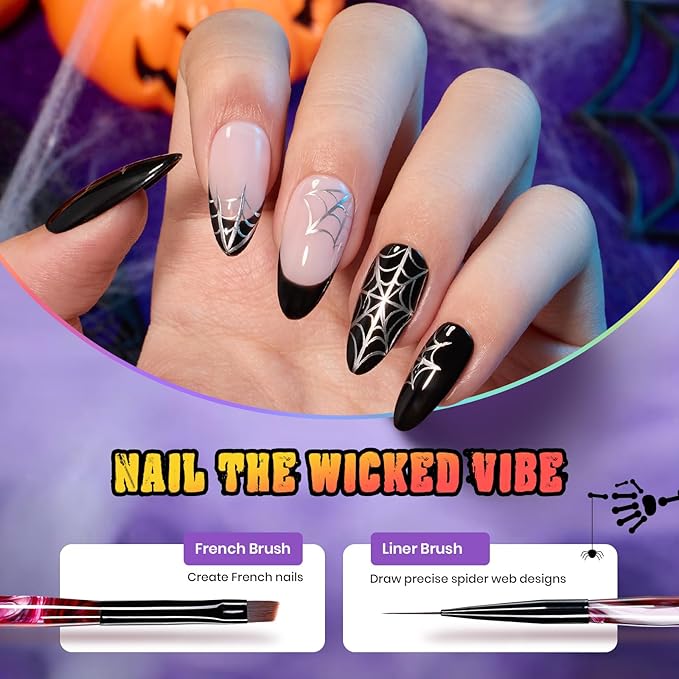 Beetles Halloween Nail Art Brushes, Blood Entwined Nail Art Pens 6pcs with Pumpkin Palette Holder Halloween Charms Manicure Design Dotting Tools Draw Liner Gradient French Brushes DIY Nails Supplies