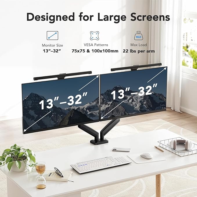 HUANUO Dual Monitor Mount, Mounts 2 Screens Up to 32 Inch, Holds 22 lbs per Arm, Dual Monitor Stand with Excellent Design, Height-Adjustable, Tilt, Swivel & Rotate, VESA Standard 75mm or 100mm