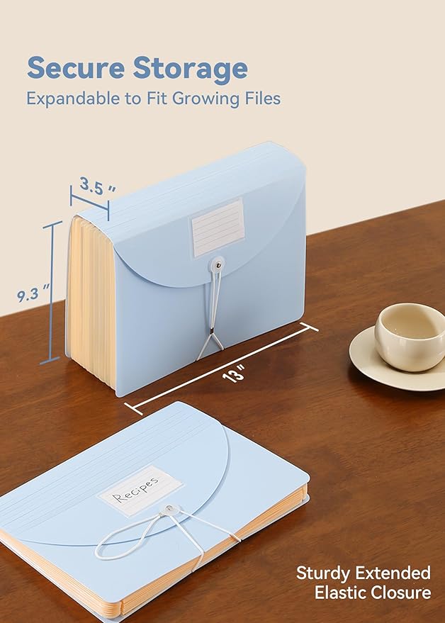 Accordion File Organizer 12 Pockets, Monthly Bill Receipt Tax Organizer, Expanding File Folders with Larger Bright Tabs, Fits Letter/A4 Size - Blue