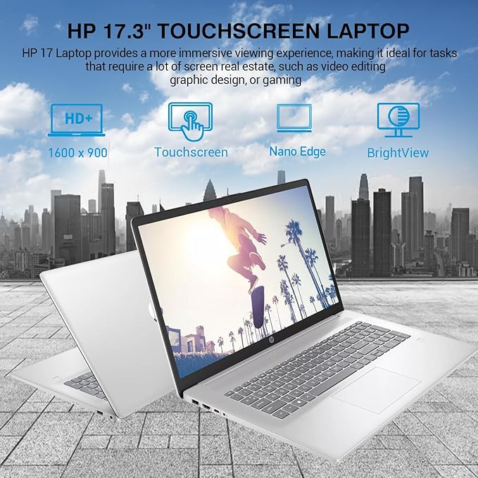 HP 17 Touchscreen Laptop Computer, 17.3” HD+ Touch Screen Laptop Notebook PC, Intel 10-Core i7, 64GB RAM 2TB SSD, Windows 11 Pro, 10 Key Backlit Keyboard, Fingerprint Reader, Wi-Fi 6