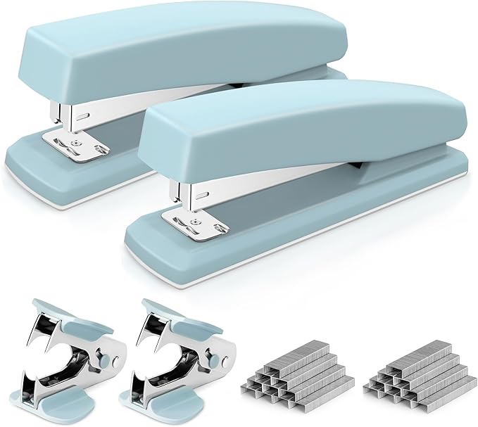 Deli Stapler, Desktop Stapler, 2 Pack, Office Staplers, 25 Sheet Capacity, Includes 2000 Staples and 2 Staple Removers, 2 Pack, Blue