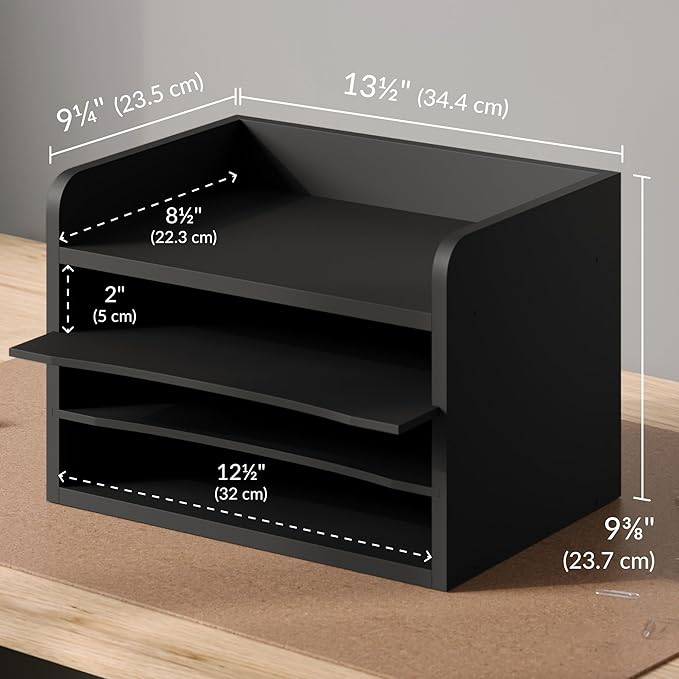 Ballucci File Organizer, 4-Tier Office Desk Organizer, Open Top Wood Paper Organizer for Classroom, Mail Sorter Paper Tray with Adjustable Storage Shelves, Black
