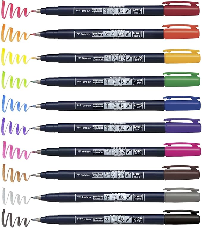 Tombow 56429 Fudenosuke Colors Brush Pens, 10-Pack. Hard Tip Fudenosuke Brush Pens in Assorted Colors for Calligraphy and Art Drawings