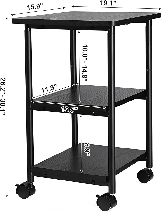 VASAGLE Heavy-Duty Printer Stand with Locking Wheels, 3-Tier Industrial Mobile Cart with Storage Shelf, Printer Table for Home, Office, 26.2-30.1" Adjustable Height, Ebony Black UOPS03B