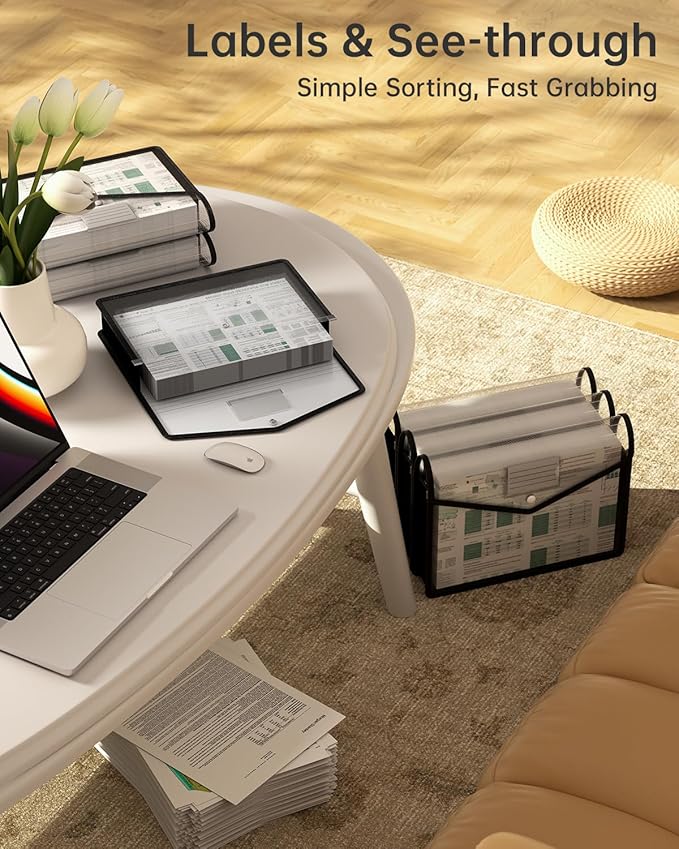 Plastic Expanding File Folder, Transparent envelopes with Snap Closure, No Dividers, Large Capacity, Black File Folder Organizer Holder, Bills&Taxes, Letter/A4 Size for School/Office/Home-7 Pack