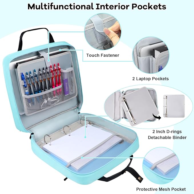 3 D-Ring Zipper Binder 2 inch with Shoulder Strap, Waterproof Oxford Binder with Zipper Storage 500 Sheets Capacity, Multi-Pockets Organizer Bag for 13 inch Laptop College Office (Blue)