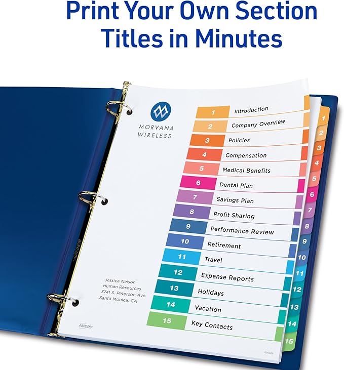 Avery Dividers for 3 Ring Binders, 15 Tabs per Set, Customizable Table of Contents, Multicolor Tabs, Great for Organizing Reports, Projects, and More (3 Sets of 11074)