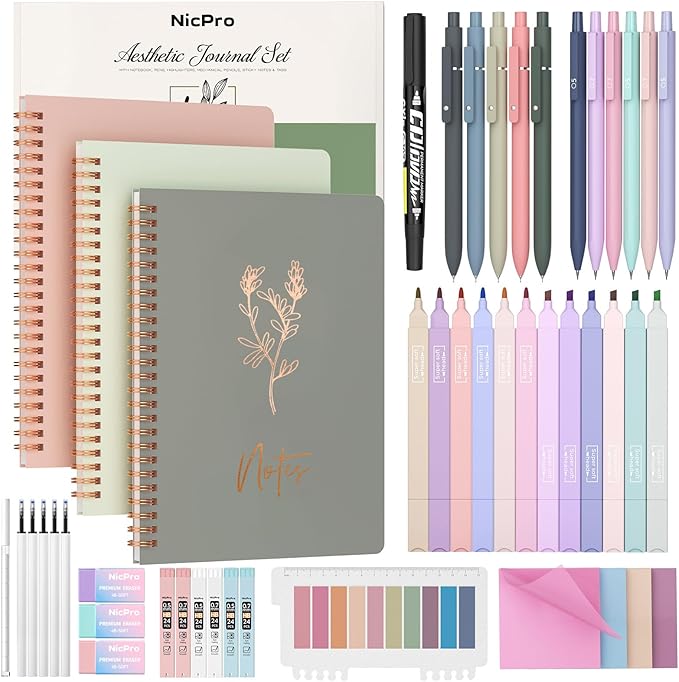 Nicpro 50PCS Cute Spiral Notebook Stationary Set For Women, Bible Journal Set, 3PCS A5 Spiral Notebook, Gel Pens, Sticky Notes & Tabs, Gift Box, Mechanical Pencils for Study Aesthetic School Supplies