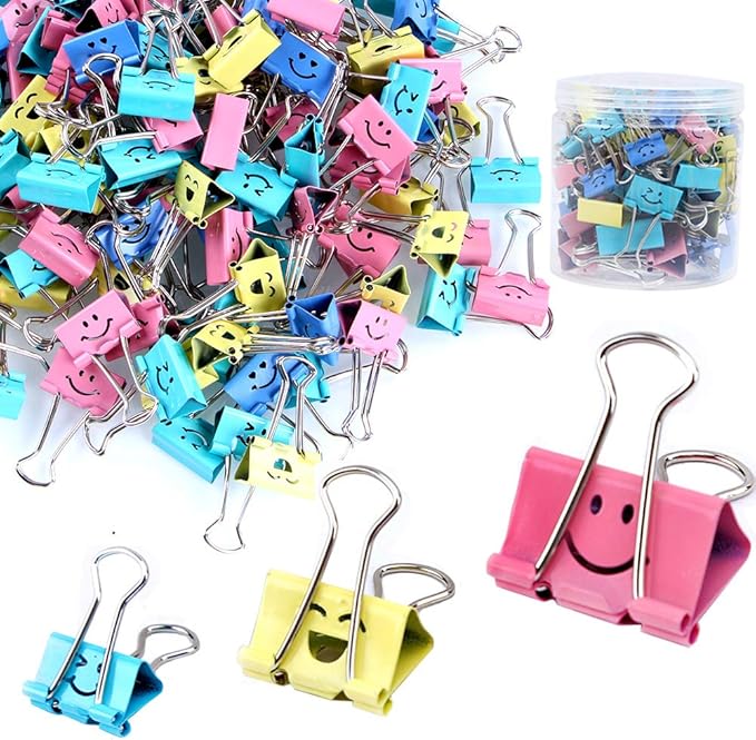 【72pack】 Binder Clips, Limque Paper Clips,Paper Clamps with Colored Cute Hollow Smiling Face,72 Pcs Assorted Size Clip, for Office,Teacher Gifts and Kitchen