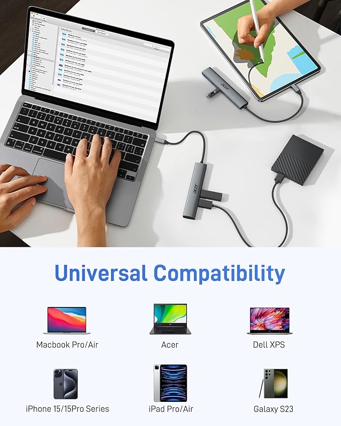Acer USB C Hub 10Gbps, USB 3.2 Gen 2 Adapter with 3 USB-A & 1 USB-C Ports, High Speed Type C Multiport Splitter for MacBook, iPhone 16/15, iPad, Surface Pro, Chromebook, Dell XPS and More