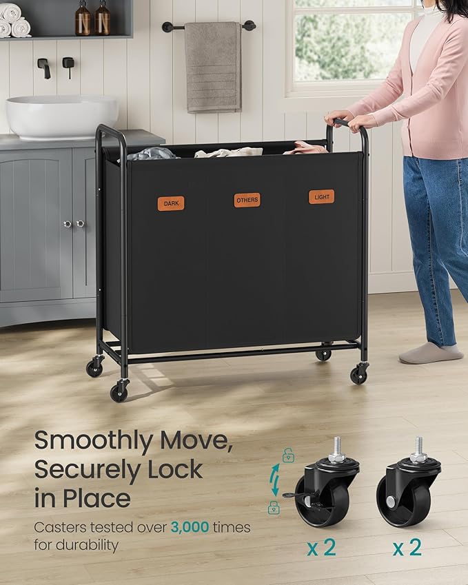 SONGMICS 3-Section Laundry Sorter, Laundry Hamper with Wheels, Rolling Clothes Hamper Cart with Large Capacity and Removable Bags, for Laundry Room, Bedroom, Bathroom, Ink Black URLS330B01