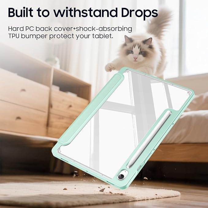 Fintie Hybrid Slim Case for Samsung Galaxy Tab S10 Lite/ S10 FE/ S9 FE 10.9 Inch/Tab S9 11 Inch with S Pen Holder, Shockproof Cover with Clear Transparent Back Shell, Auto Wake/Sleep, Green