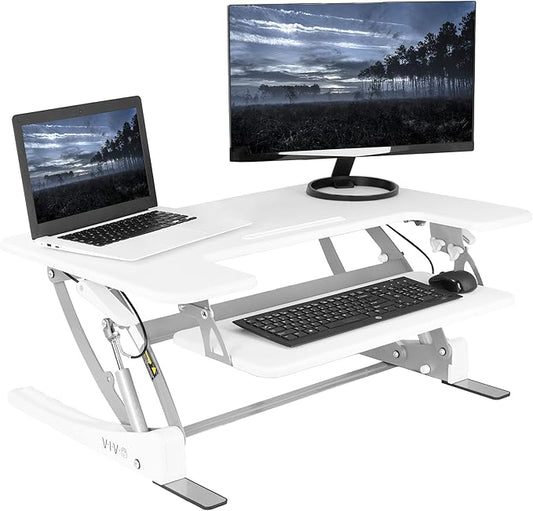 VIVO 36 inch Height Adjustable Stand Up Desk Converter, V Series, Quick Sit to Stand Tabletop Dual Monitor Riser Workstation, White, DESK-V000VW