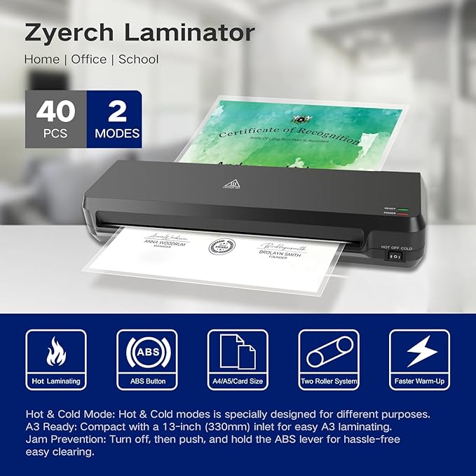 13 Inch A3 Laminator Machine, 7 in 1 Desktop Thermal Laminator, Never Jam with 40 Laminating Pouches, Paper Trimmer and Corner Rounder, Fast Warm-Up, Home Office School Use, Black