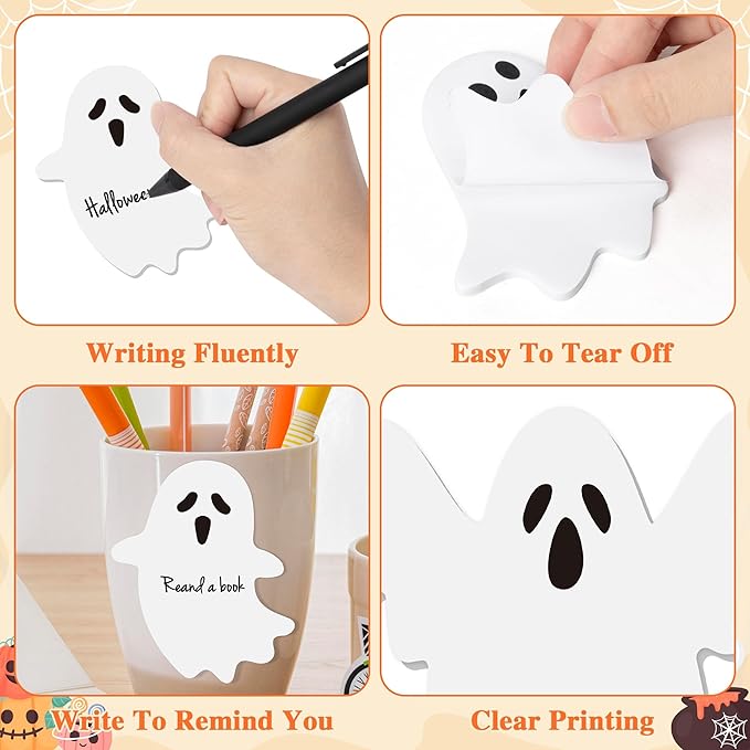72pcs Halloween White Ghost Sticky Notes & Pens & Ribbons Set, Cute Little Boo Pastel Notepads Gift, Self-Stick Memo Pad for Office Classroom Halloween Back to School Party Favor Supplies