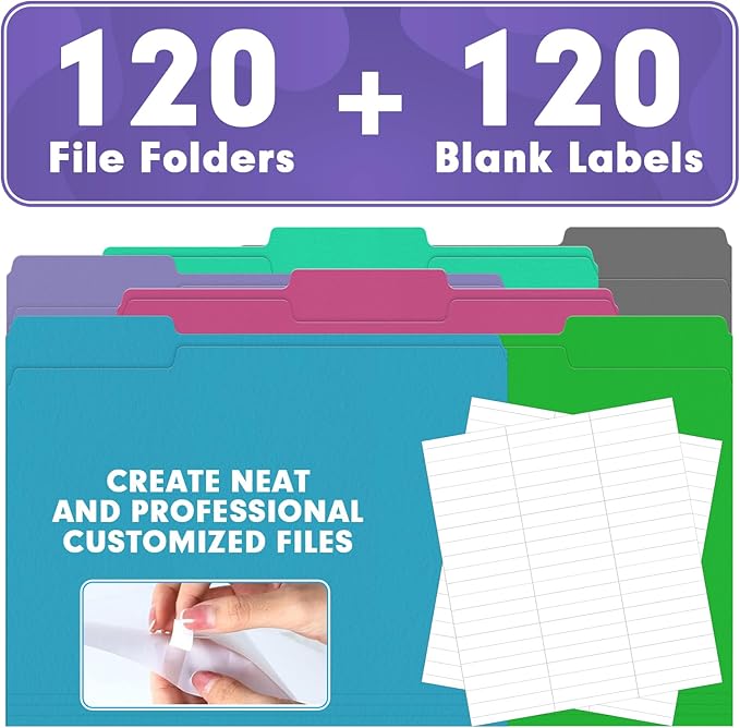 File Folder, HERKKA 120 Pack 1/3 Cut Tab File Folders, Letter Size, Assorted 6 Colors, Colored File Folders Designed for Office and Classroom Use