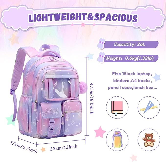 Kids Backpack for Girls - School Bags for Middle School Students - Book Bag for Elementary Primary - Kawaii Ita Backpack - Purple