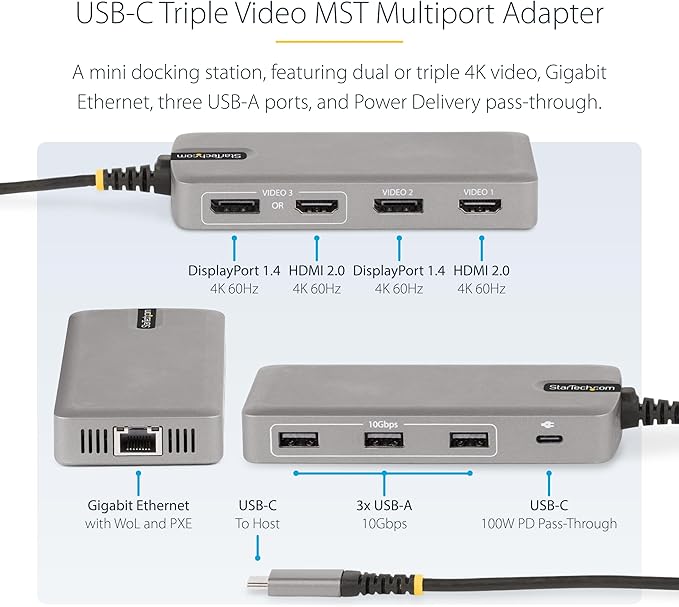 StarTech.com USB-C Docking Station for Windows and ChromeOS, Triple 4K HDMI DP Video, USB 10Gbps Hub, 100W Laptop Charging, GbE