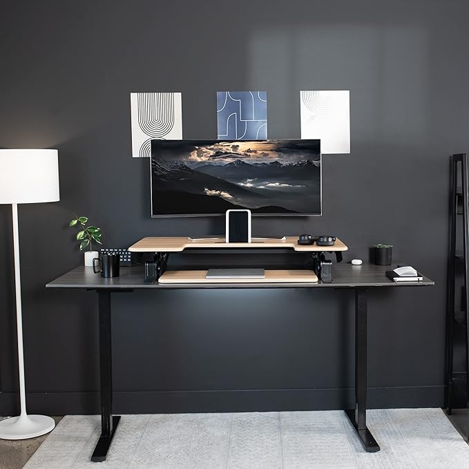 VIVO 42 inch Height Adjustable Stand Up Desk Converter, V Series, Quick Sit to Stand Tabletop Dual Monitor Riser Workstation, Light Wood Top, Black Frame, DESK-V000VLO