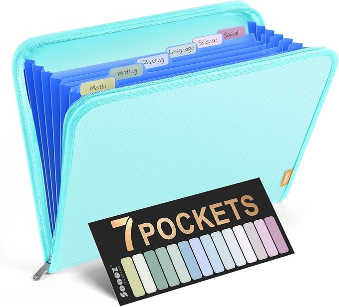 Sooez 7 Pockets Accordion File Organizer, Zipper Expanding File Folder, Heavy Duty Folder Organizer, Sleek Letter Size Accordion Folder, Portable Expandable File Folder for Documents, Sky Blue
