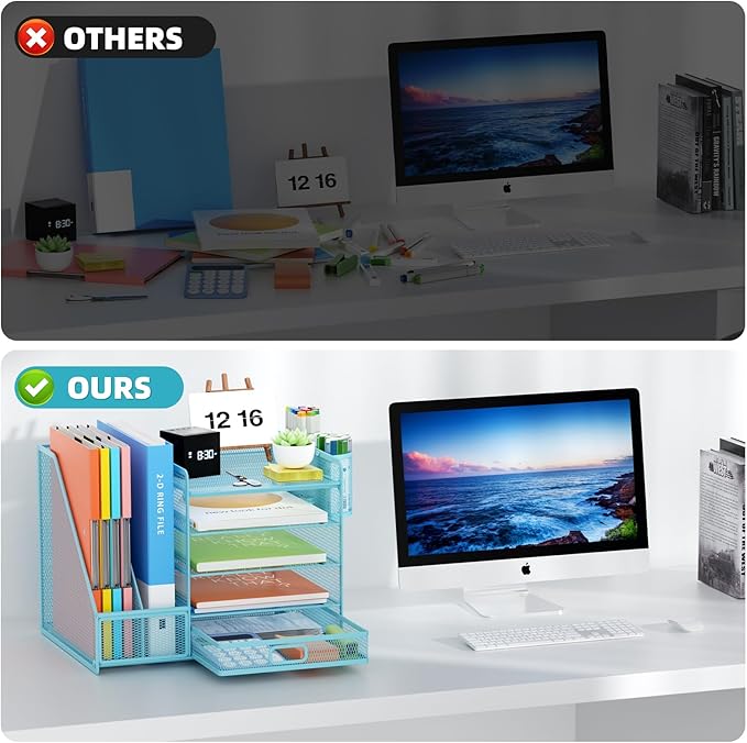 Marbrasse Desk Organizer with File Holder, 5-Tier Paper Letter Tray Organizer with Drawer and 2 Pen Holder, Mesh Desktop Organizer and Storage with Magazine Holder for Office Supplies(Blue)