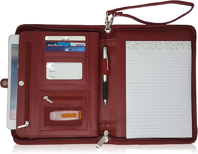 Customized Junior Zippered Leather Padfolio - Name/Logo Printed on Burgundy PU Leather Portfolio Binder & Organizer Folder with 8 Inch Tablet Sleeve & with Junior Legal Notepad