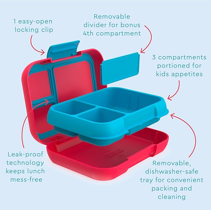 Bentgo Pop - Leak-Proof Lunch Box & Removable Divider for Ages 8+ & Teens - Lunch Container Holds 5 Cups of Food; 3-4 Compartments; Microwave/Dishwasher Safe; 2 Year Warranty (Flame Red/Turquoise)