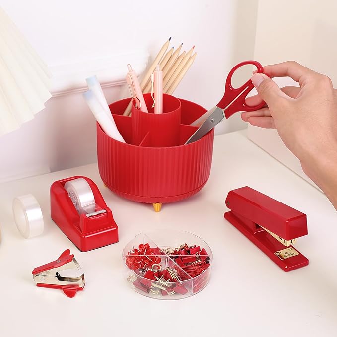 SKYDUE Red Office Supplies Set, Desk Accessories, Stapler, Tape Dispenser, Scissors, Binder/Paper Clips and 1000pcs Staples, Office Decor for Women