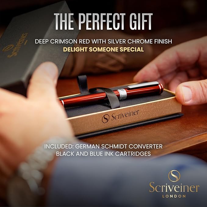 Scriveiner Deep Crimson Red Fountain Pen - Stunning Luxury Pen with Chrome Finish, Schmidt Nib (Medium), Best Pen Gift Set for Men & Women, Professional, Executive, Office, Nice Pens
