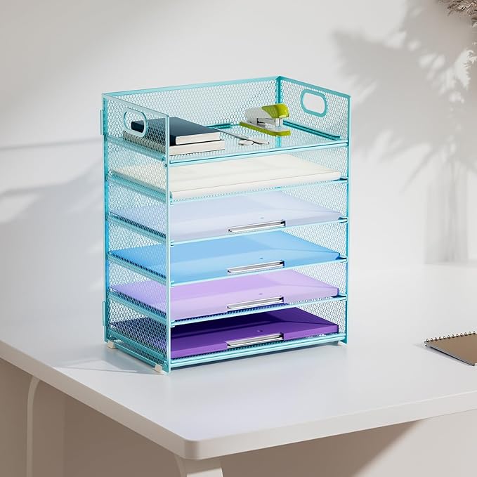 Marbrasse 2 Pack Desk Organizer with Handle, 6 Tier Paper Letter Tray, Mesh Desk File Organizer for Office, School and Home - Blue