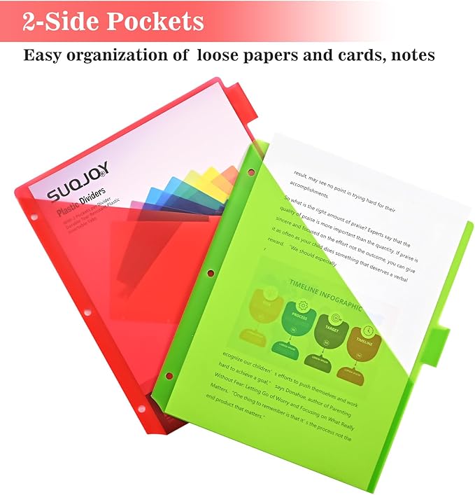 Binder Index Dividers with Tabs, 48 Count 3 Ring Binder Dividers with Pockets, 8 Tab Dividers for 3 Ring Binder, Plastic Sheet Protectors for US Letter Size, 8 Color Tab Dividers,6 Packs