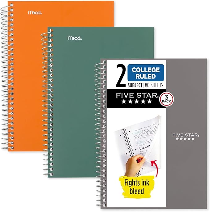 Five Star Spiral Notebooks, 3 Pack, 2 Subject, College Ruled, 9 1/2" x 6", 80 Sheets, Seaglass Green, Sedona Orange, Gray (840029B-ECM)