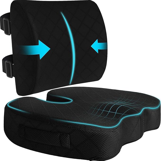 TushGuard Back&Seat Cushion, Car Seat Office Chair Cushions, Memory Foam Lumbar Back Support Pillow, Portable Airplane Seat Cushion for Travel, Computer Desk, Wheelchair, Driving (Black, X-Large)