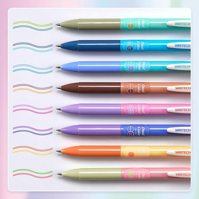 WRITECH Multi Colored Gel Pens: 0.5mm 2 in 1 Assorted Color Ink Fine Point Tip Aesthetic Retractable Pen Smooth Writing No Bleed For Journaling Coloring Drawing 8ct