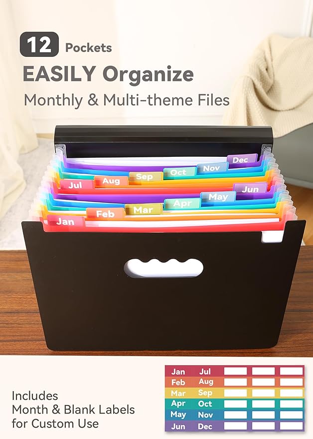 Accordion File Organizer 12 Pockets, Monthly Bill Receipt Tax Organizer, Expanding File Folders with Larger Bright Tabs, Fits Letter/A4 Size - Black