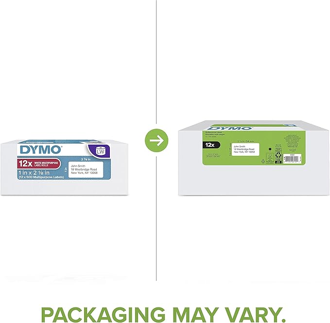 DYMO Authentic LW Multi-Purpose Labels for LabelWriter Label Printers, White, 1" x 2-1/8", 12 rolls of 500 (6000 Total)