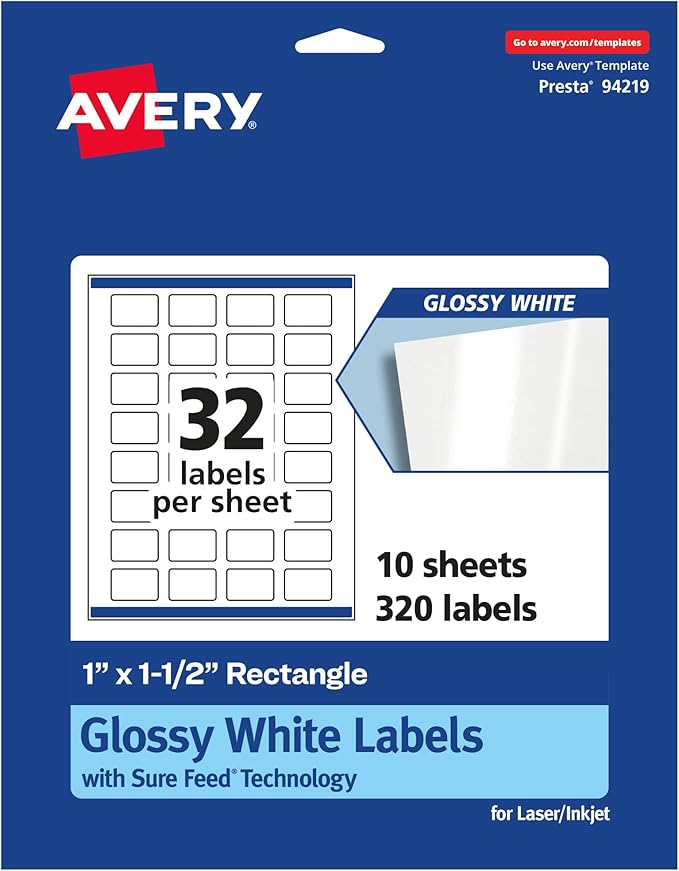 Avery Glossy White Rectangle Labels, Sure Feed Technology, 1" x 1.5", 320 Glossy White Labels, Print-to-The-Edge, Permanent Adhesive, Laser/Inkjet Printable