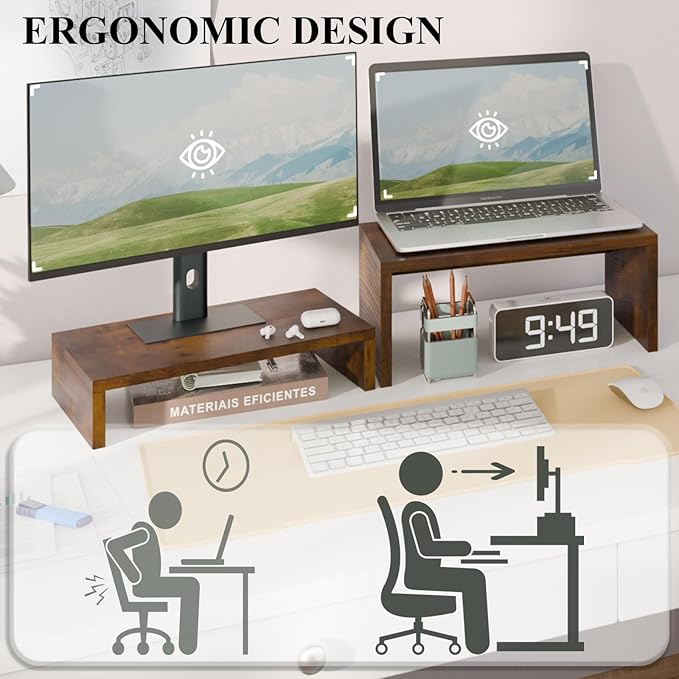 TEAMIX 2 Pack Monitor Stand Riser Rustic Brown,Wood 2 Tier Adjustable Monitor Stand Dual Monitor Riser for 2 Monitors/Laptop/PC Computer Stand Desktop Space Saver…